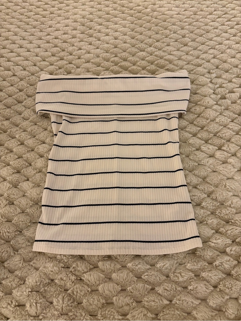 Off-Shoulder Ribbed Stripe Top - White with Black Stripes